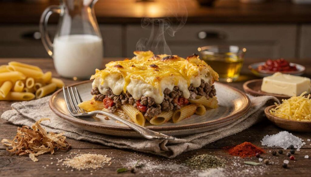 Zapiekanka z mięsa mielonego i makaronu z sosem beszamelowym – szybki przepis na wieczór