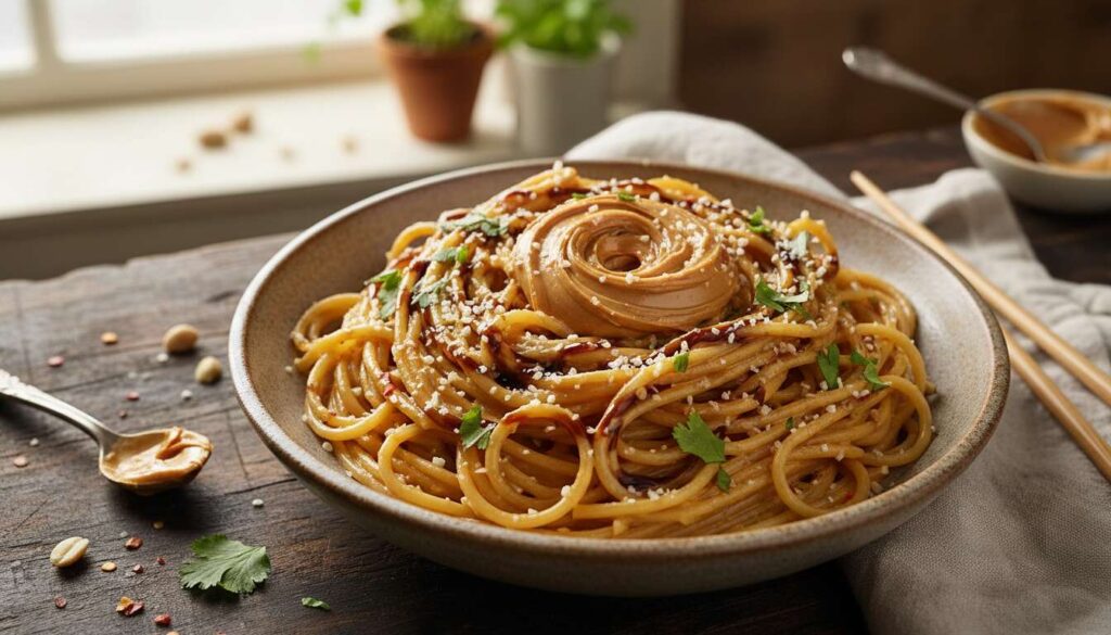 Makaron z masłem orzechowym – kremowy obiad z 5 składników, który robi się w 15 minut