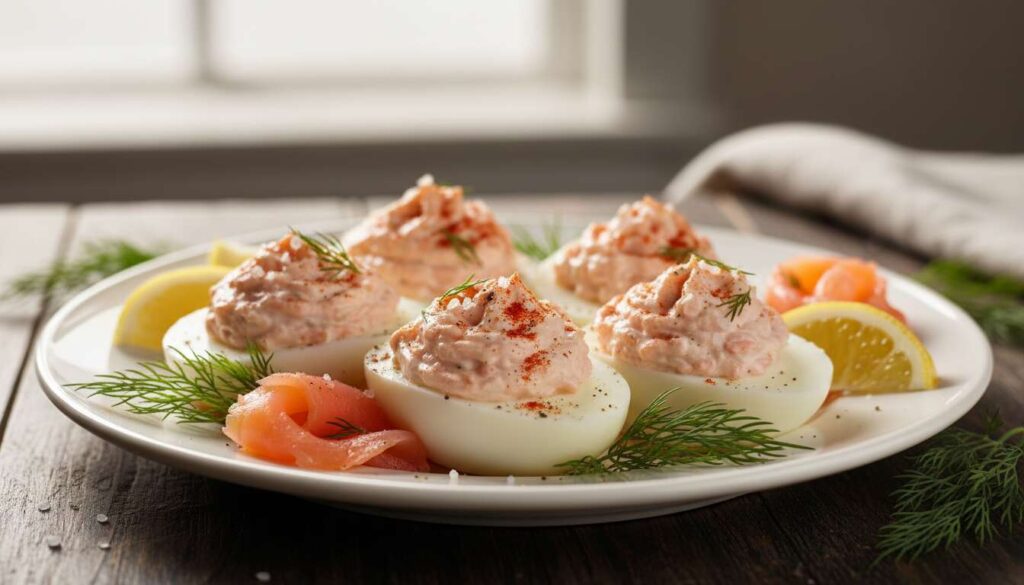 Jajka faszerowane łososiem i koperkiem zamiast pieczarek. Eleganckie i gotowe w 15 minut