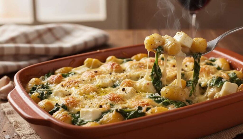 Zapiekane gnocchi z kurczakiem i szpinakiem w sosie śmietanowym, obiad w 20 minut