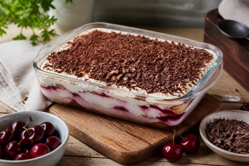 Ciasto bez pieczenia z mascarpone na białym talerzu, udekorowane świeżymi truskawkami i listkiem mięty, na tle jasnego bawełnianego obrusa