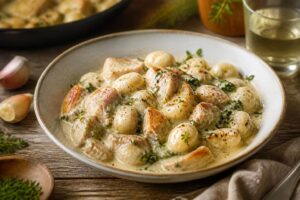 Kremowe gnocchi z kurczakiem w sosie śmietanowym podane na białym talerzu z natką pietruszki i parmezanem