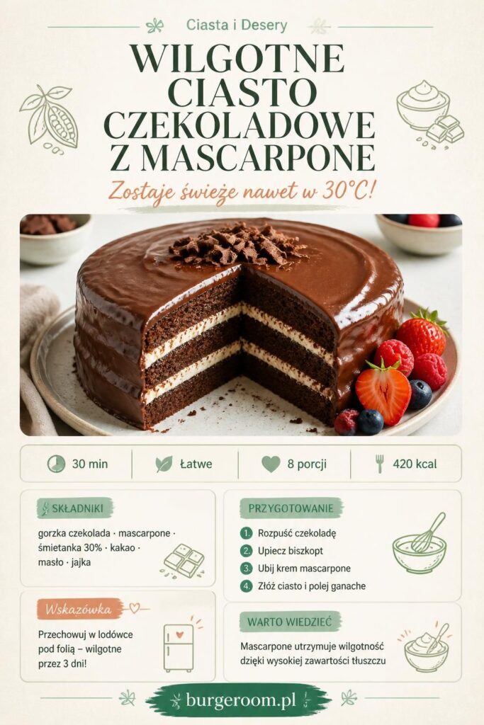 Wilgotne ciasto czekoladowe z mascarpone i polewą ganache – przepis na letnie upały