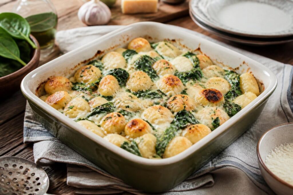 Zapiekane gnocchi ze szpinakiem w białej formie żaroodpornej, z zarumienioną, złocistą skórką z roztopionego sera, podane na drewnianym blacie