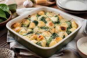 Zapiekane gnocchi ze szpinakiem w białej formie żaroodpornej, z zarumienioną, złocistą skórką z roztopionego sera, podane na drewnianym blacie