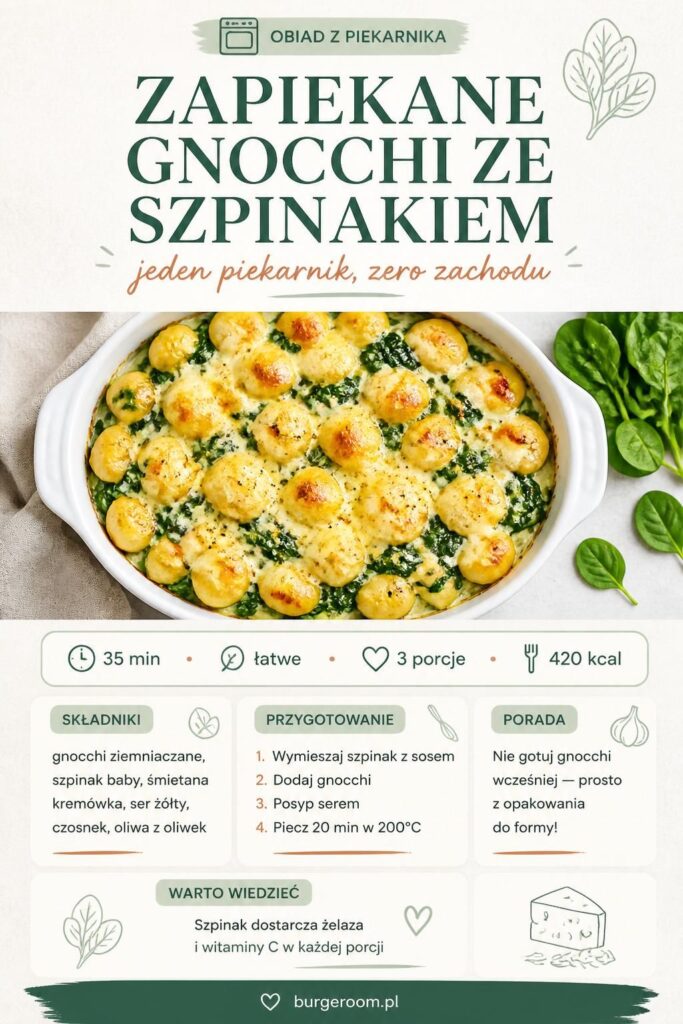 Zapiekane gnocchi ze szpinakiem w formie żaroodpornej ze złocistą skórką z sera