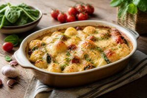 Zapiekanka z gnocchi zapiekana w sosie pomidorowym z roztopionym serem mozzarella i świeżą bazylią w naczyniu żaroodpornym