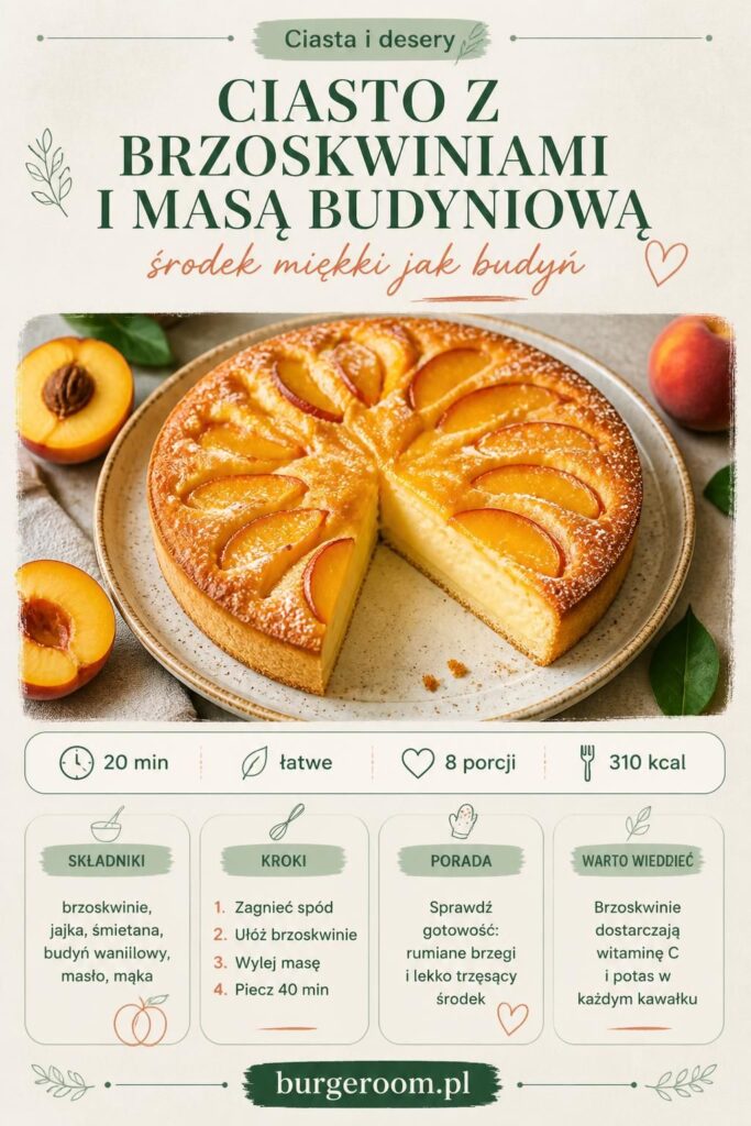 Ciasto z brzoskwiniami i masą budyniową – kremowy środek jak budyń, przepis krok po kroku