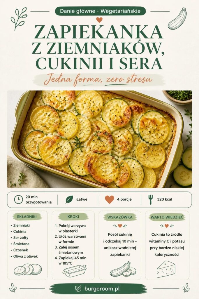 Zapiekanka z ziemniaków, cukinii i sera – pin z przepisem do zapisania na Pinterest