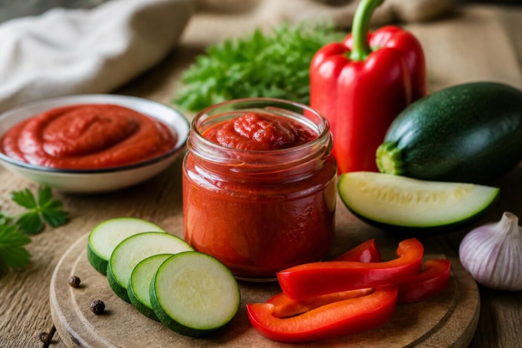 Domowy ketchup z cukinii i papryki w szklanych słoikach na drewnianym blacie, otoczony świeżymi warzywami